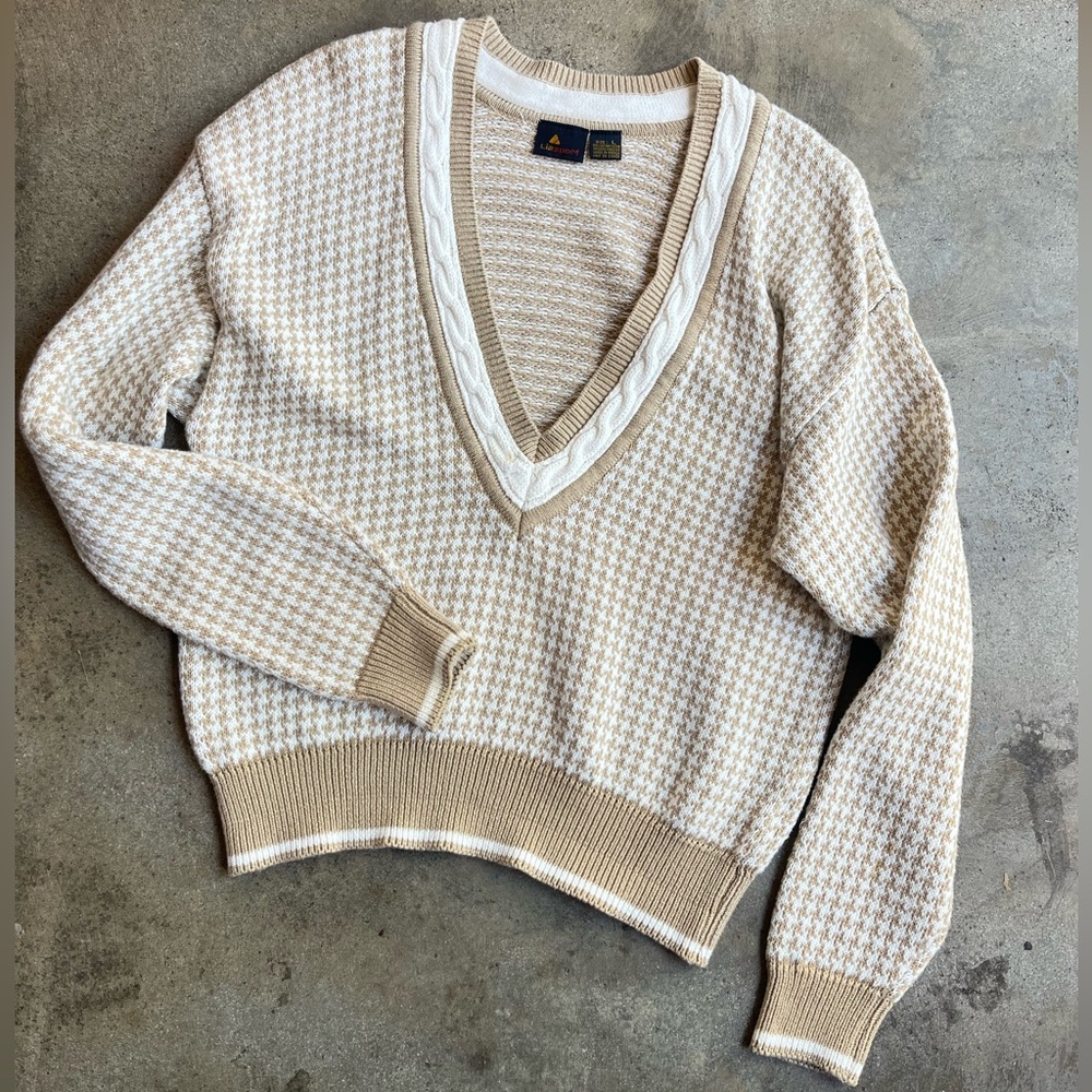 Vintage LizSport deep V-neck cotton houndstooth & cable sweater